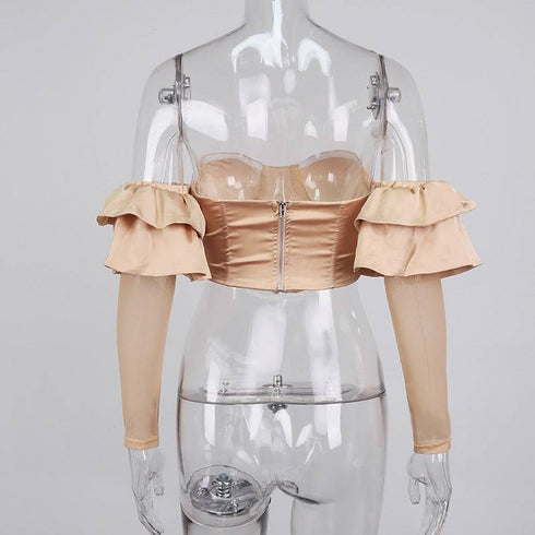 Sexy Tube Top Ruffled Mesh Stitching Crop Top