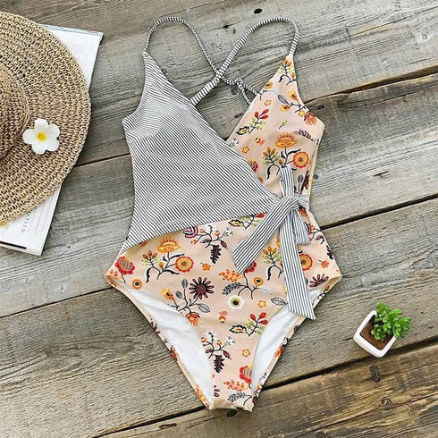 Maternity Print Striped Sling One Piece Swimwear