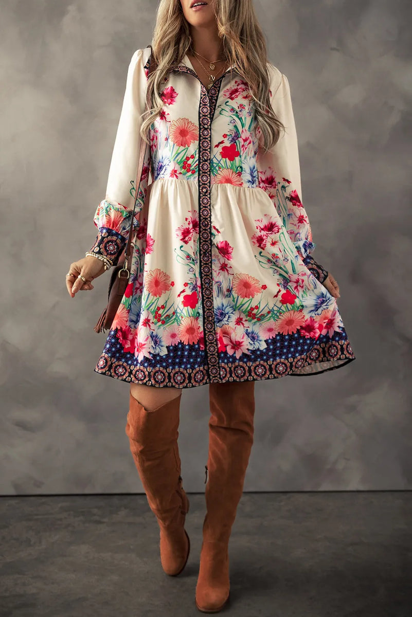 off shoulder button design lantern sleeve dress Flower Button Down Lantern Sleeve Dress