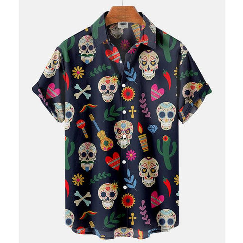 Men's Fashion Retro Printing Lapel Short Sleeve Shirt