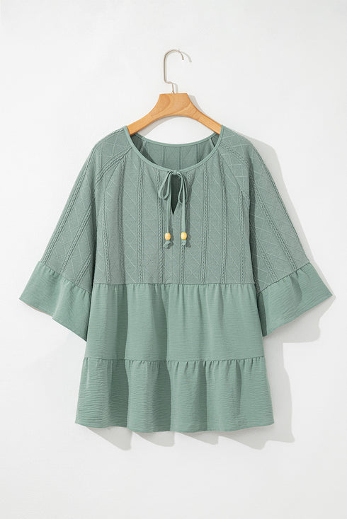 Ruffled Tie Neck Three-Quarter Sleeve Blouse