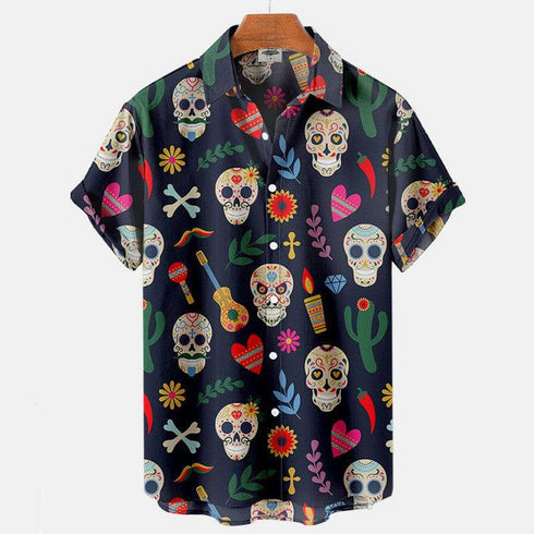 Men's Fashion Retro Printing Lapel Short Sleeve Shirt