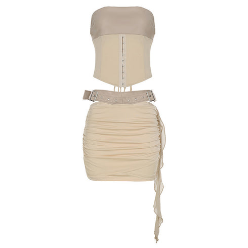 Lace-up tube top leather hollow-out wrist hanging package hip skirt suit