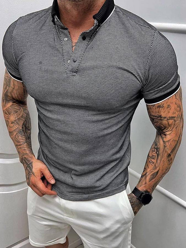 Men's Breathable Stretch Athletic Black Plaid Polo Shirt