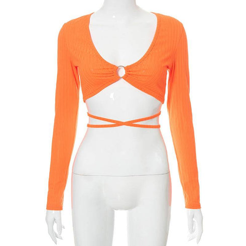 Bright Orange Casual Round Neckline Umbilical Tie Long Sleeves Top