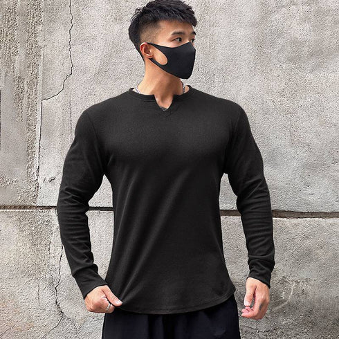 Men's Solid V-Shaped Crew Neck Long Sleeve T-Shirt
