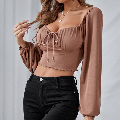 Lantern Sleeves Top Drawstring Knit Long Sleeves With Wooden Ears