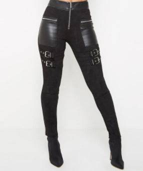 Women's Black Stitching Leather Zipper Trousers Pants