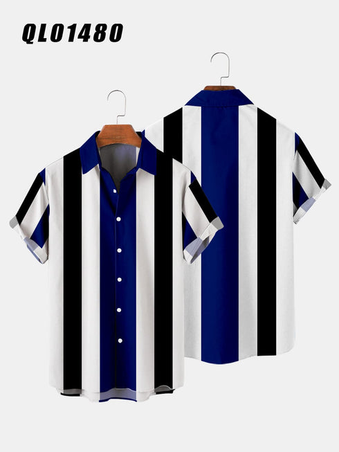 Summer Short Sleeve Shirt Striped Digital Print Men's Top