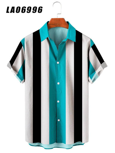 Summer Short Sleeve Shirt Striped Digital Print Men's Top