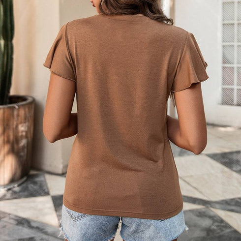 Women's Solid Color Stitching Lace Lace Ruffled Short-sleeved T-shirt