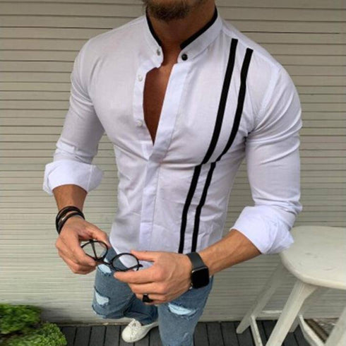 Long-sleeved Men's Shirt With Tie-in contrast Stand Collar Button