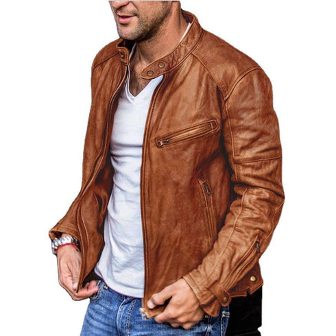 Men's Stand-up Collar Motorcycle Leather Jacket