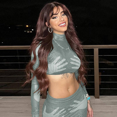 Fashion Print Crop Long Sleeve Top Slim Short Style Skirt Suit