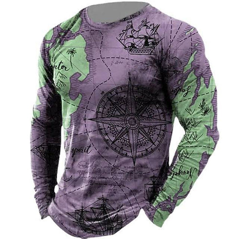 Men's Nautical Compass Pattern Crewneck Long Sleeve T-shirt