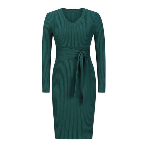 Women's Long Sleeve V-Neck Slim Dress
