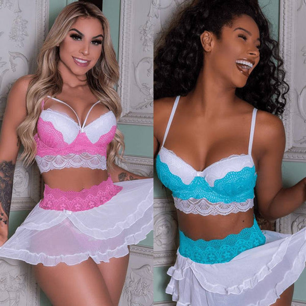 Women's Sexy Lingerie Pajamas-Dress Babydoll Thong Lace Bra Set