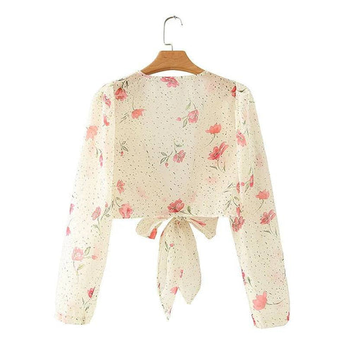 French Floral Puff Sleeve Lace-up Top
