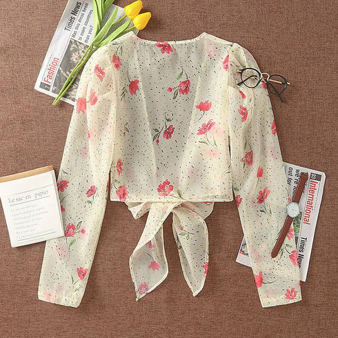 French Floral Puff Sleeve Lace-up Top