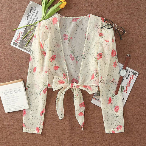 French Floral Puff Sleeve Lace-up Top