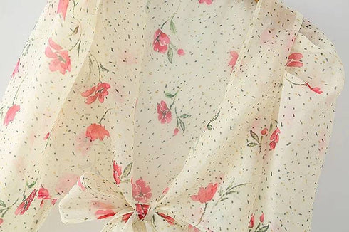 French Floral Puff Sleeve Lace-up Top
