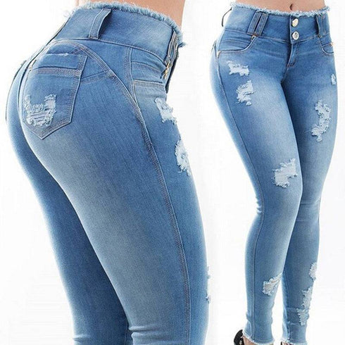 Women Stretchy Blue Tassel Ripped Jeans
