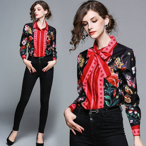 Women's Shirt Printed Slim Long Sleeved Versatile Lapel