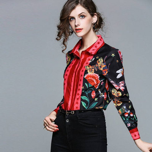 Women's Shirt Printed Slim Long Sleeved Versatile Lapel