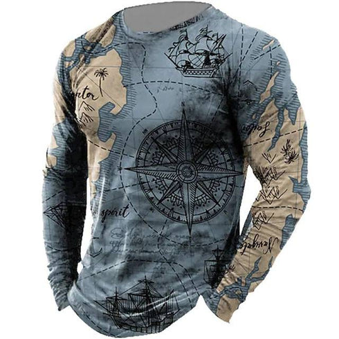 Men's Nautical Compass Pattern Crewneck Long Sleeve T-shirt