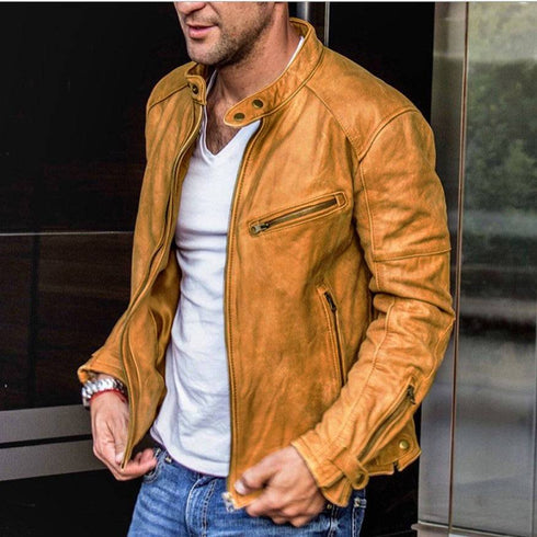 Men's Stand-up Collar Motorcycle Leather Jacket