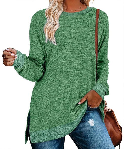 Long Sleeve Round Neck Multicolor Split Top Loose Leisure Pullover T-shirt