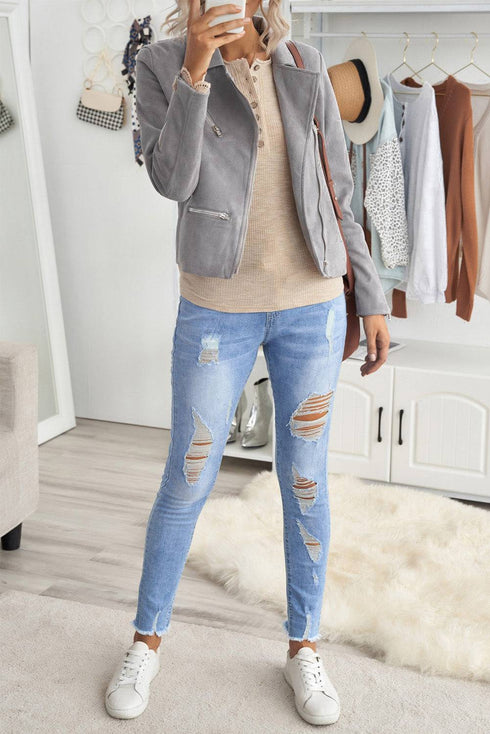 Zipped Notch Collar Short Jacket
