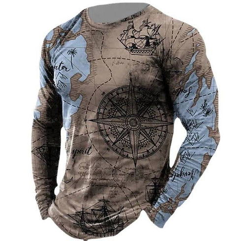Men's Nautical Compass Pattern Crewneck Long Sleeve T-shirt