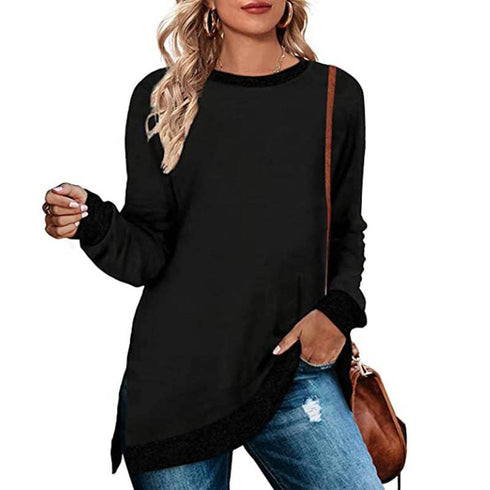 Long Sleeve Round Neck Multicolor Split Top Loose Leisure Pullover T-shirt