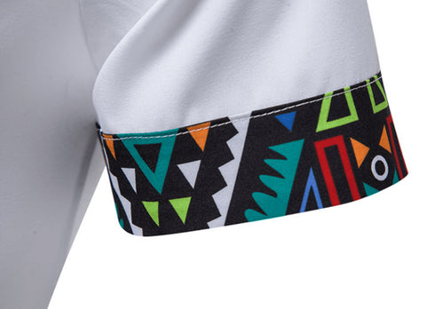 Men's Print Stitching Design Short Sleeve Button Shirt