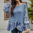 Women's Blue Color Mid-length Round Neck Loose Long Sleeves T-shirt Top