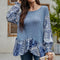 Women's Blue Color Mid-length Round Neck Loose Long Sleeves T-shirt Top