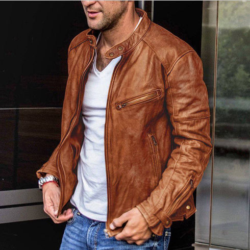 Men's Stand-up Collar Motorcycle Leather Jacket