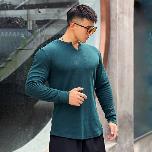 Men's Solid V-Shaped Crew Neck Long Sleeve T-Shirt