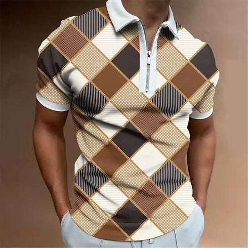 Men's Polo Shirt Lapel Casual Short Khaki Striped T-Shirt