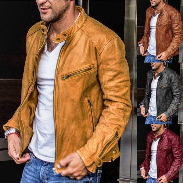 Men's Stand-up Collar Motorcycle Leather Jacket