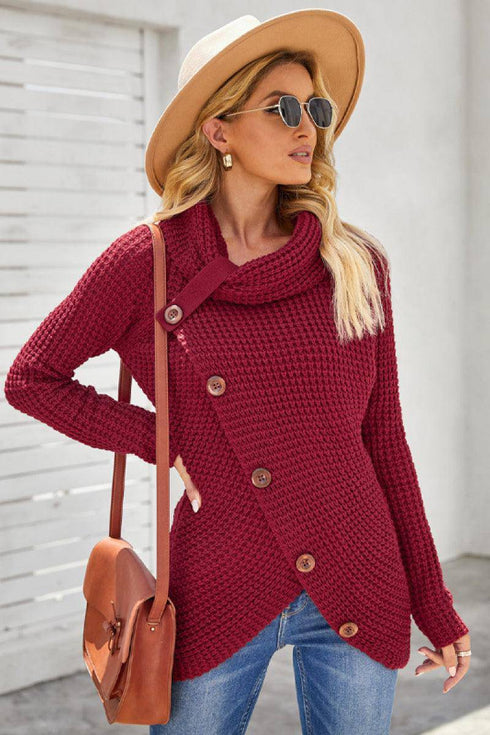 Button Wrap Turtleneck Sweater - EsaModa