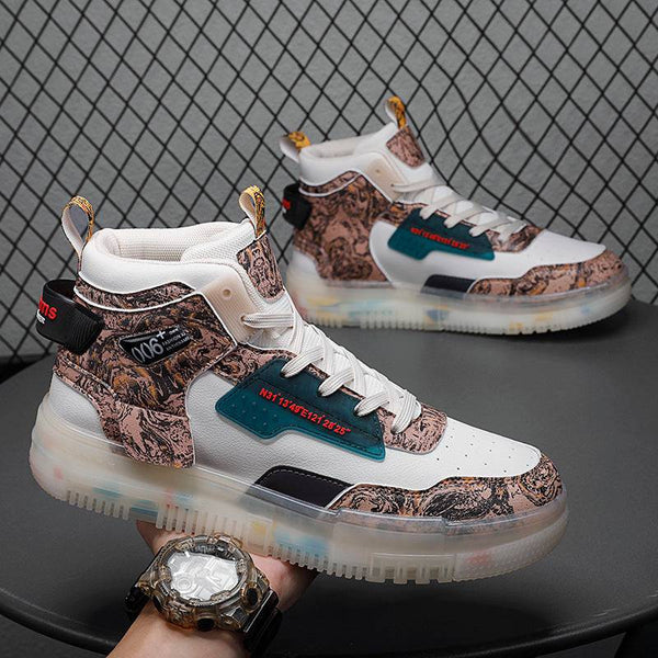 Men's Shoes Popcorn Soft Sole Comfortable High Top Flat Small White