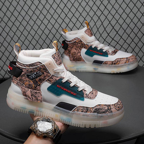 Men's Shoes Popcorn Soft Sole Comfortable High Top Flat Small White