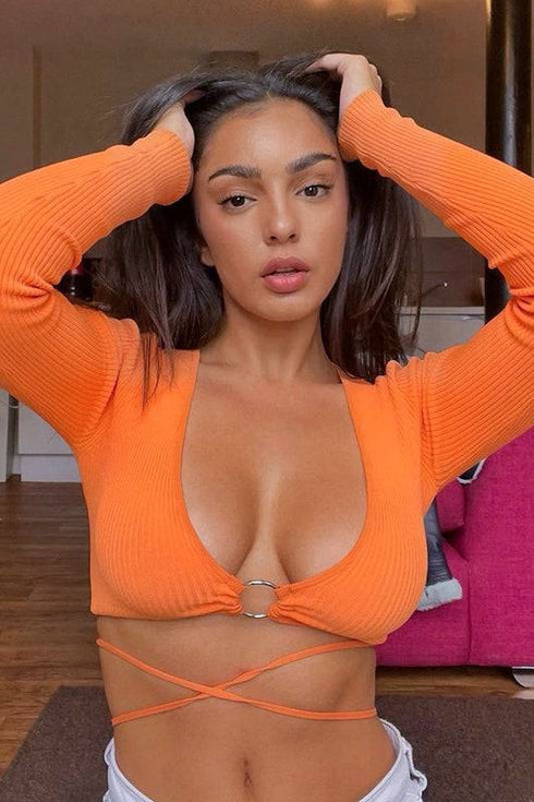 Bright Orange Casual Round Neckline Umbilical Tie Long Sleeves Top