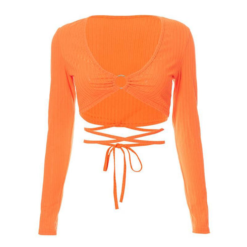Bright Orange Casual Round Neckline Umbilical Tie Long Sleeves Top