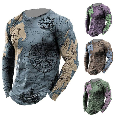 Men's Nautical Compass Pattern Crewneck Long Sleeve T-shirt