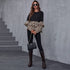 Women's Round Neck Women's Top Black Panel Leopard Print Long Sleeve
