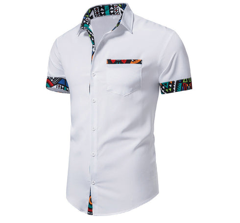 Men's Print Stitching Design Short Sleeve Button Shirt