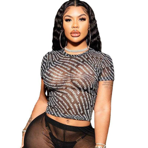 Women's Crew Neck Mesh Perspective Digital Print Short T-Shirt Top